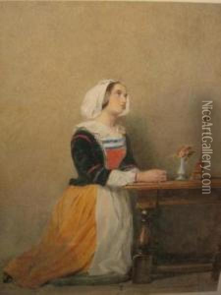Young Woman Kneeling In Prayer At An Oak Table Oil Painting - John Absolon