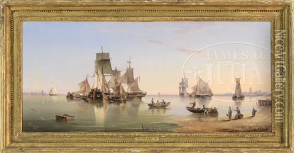 Ships Anchored In Calm Waters In Evening Light Oil Painting - Henry Redmore