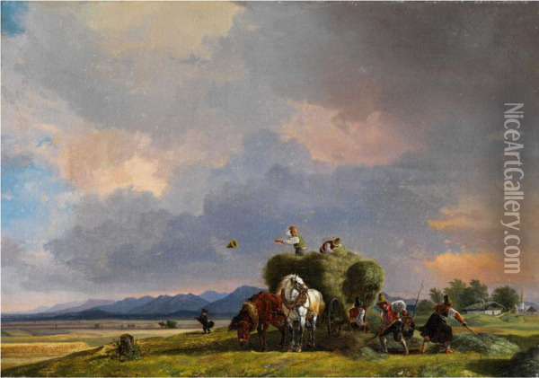 Aufkommendes Gewitter Bei Der Heuernte Oil Painting - Heinrich Burkel