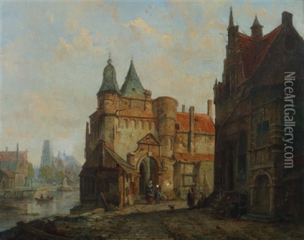 Rotterdam, Hauser Und Ein Stadttor Am Fluss Oil Painting - Elias Pieter van Bommel