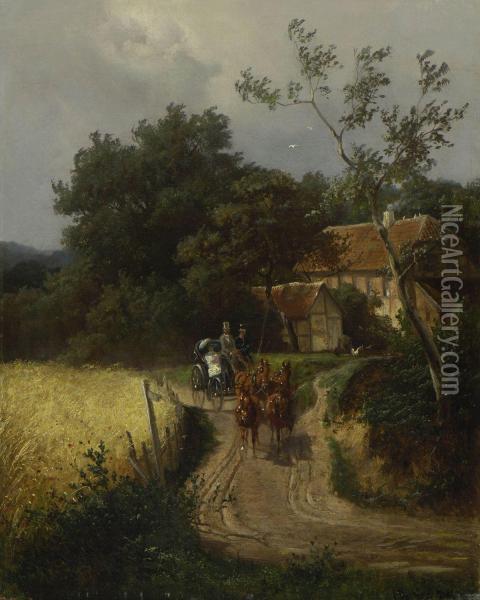 Vierspanner Auf Der Dorfstrase. Oil Painting - Heinrich Deiters