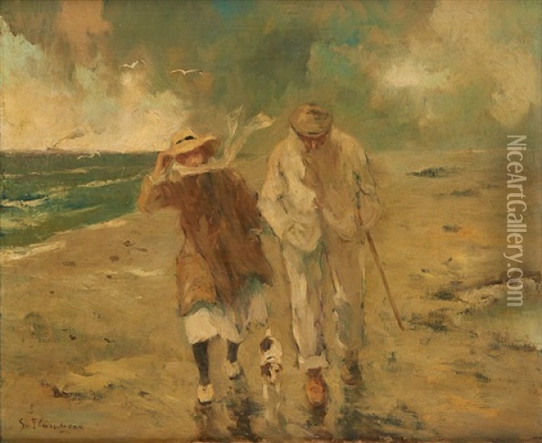 Promenade En Bord De Mer Oil Painting - Gustave Flasschoen