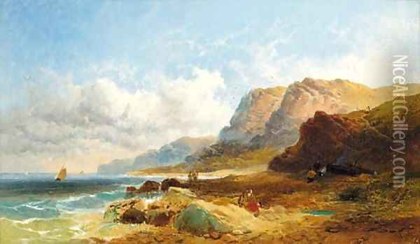 Fisherfolk on the shore; and Cattle watering in an extensive river landscape Oil Painting - Joseph Horlor