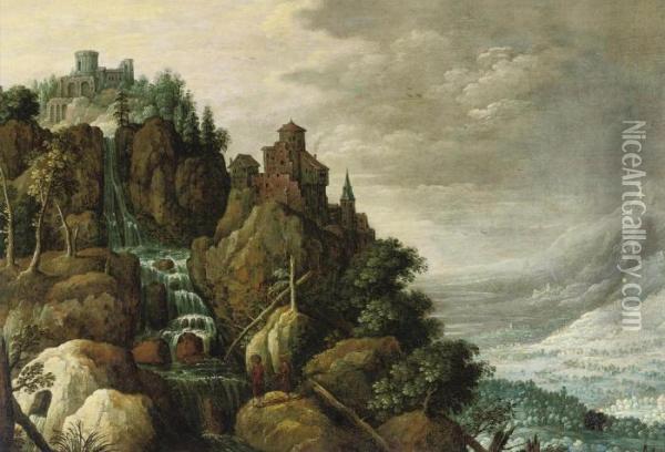 Marten Rijckaert A Mountainous Landscape With A Waterfall And A Fortification On Therocks, Figures Conversing In The Foreground Oil Painting - Marten Ryckaert