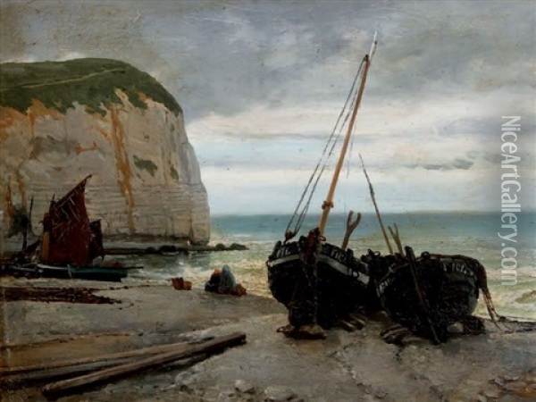 Barques De Pecheur Sur La Rive A Etretat Oil Painting - Alphonse Marie de Neuville