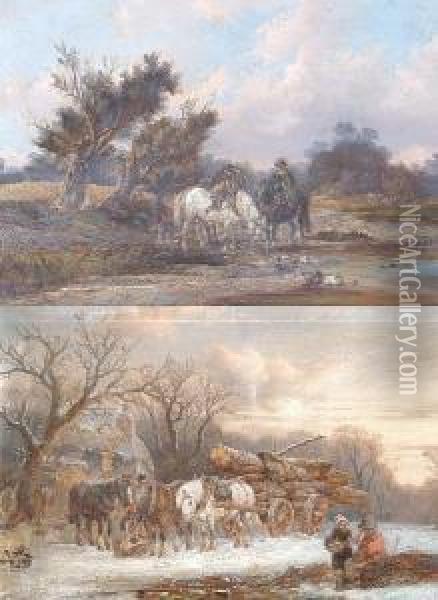 Autumn Landscape, And Another, Winter Landscape Oil Painting - Alexis de Leeuw