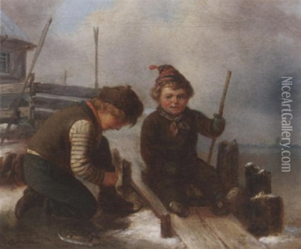 Winterfreuden. Zwei Buben Auf Dem Eis Oil Painting - Carl Wilhelm Huebner