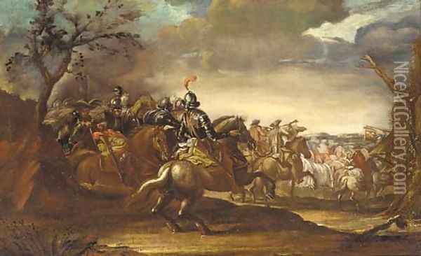 Cavalry marching by a country inn Oil Painting - Antonio Calza