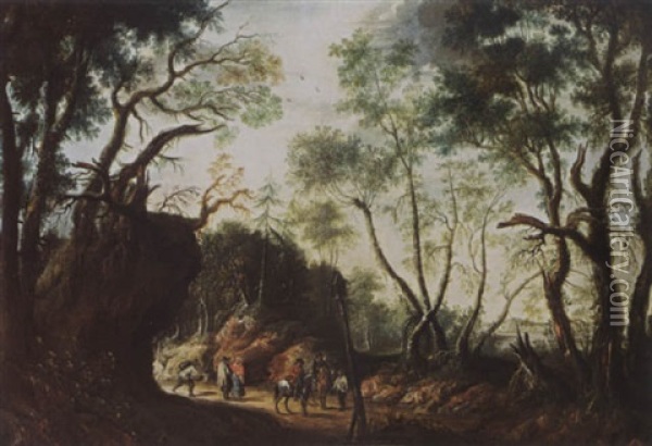 A Wooded Landscape With Horsemen And Travellers On A Path Oil Painting - Jeremias Wildens