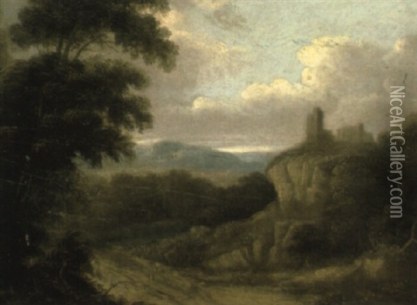 A Wooded Landscape With A Castle On A Hill Oil Painting - James Arthur O'Connor
