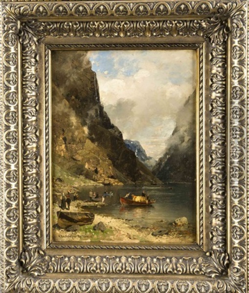 Fjord Mit Rudernden Fischern In Norwegen Oil Painting - Georg Anton Rasmussen