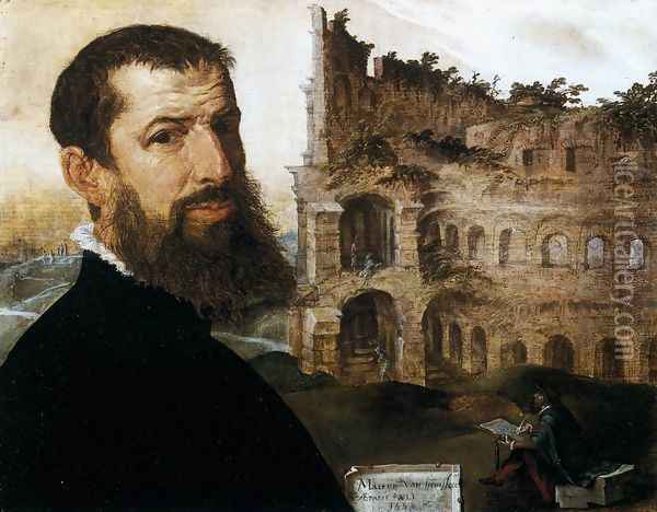 Self-Portrait in Rome with the Colosseum 1553 Oil Painting - Maerten van Heemskerck