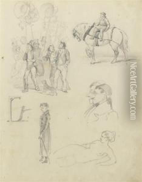 A Sheet Of Sketches Including Figures At A Parade And Onhorseback Oil Painting - Hablot Knight (Phiz) Brow