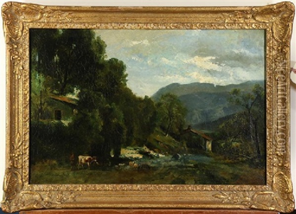 Pastoral Farm Scene With Figures And Livestock Oil Painting - Theodore Fourmois