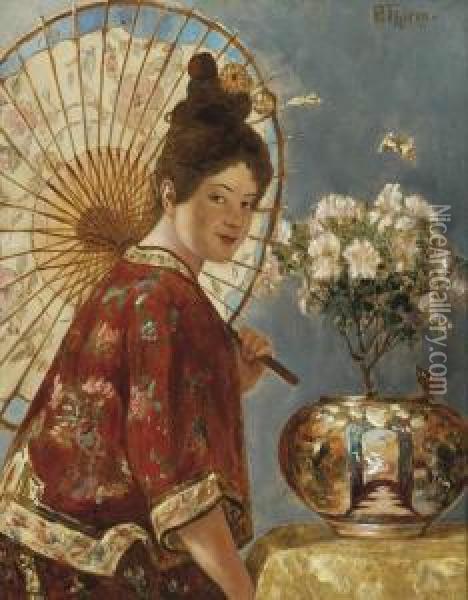 An Oriental Maiden Holding A Parasol Oil Painting - Paul Thiem