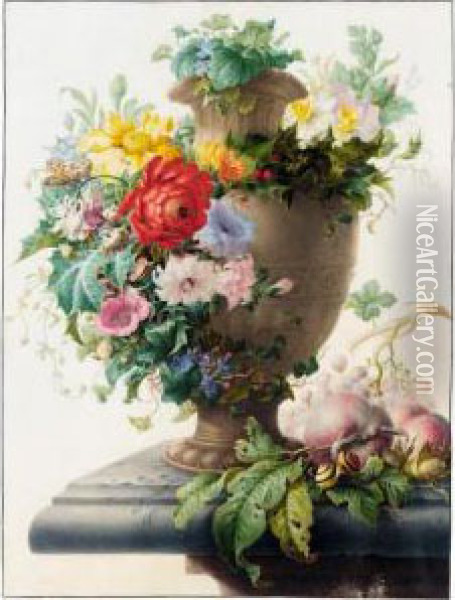 An Urn Garlanded With Flowers, 
And Peaches, Grapes, Hazelnuts And Various Insects And Snails On A Stone
 Ledge Oil Painting - Herman Henstenburgh