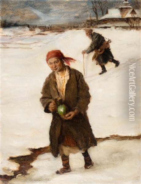 Dziewczynka W Zimie Oil Painting - Erno Erb