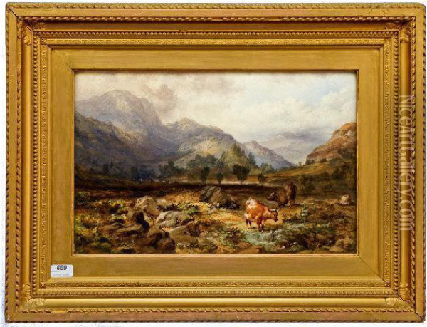 Royal Scottish Academy, 
Scottish Landscape, 
Highland Cattle. Oil Painting - James Ferrier