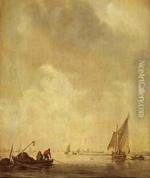 A River Scene with Fishermen Laying a Net Oil Painting - Jan van Goyen