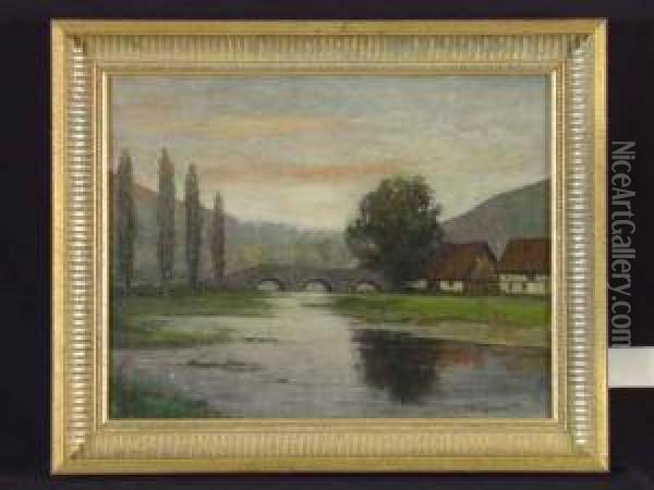 Flusslandschaft Mit Bogenbrucke Oil Painting - Gustav Adolf Schaffer