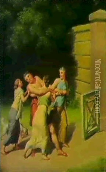 Tre Kvinder Slaebe En Mand                                  Ind I En Have. 1807 Oil Painting - Christoffer Wilhelm Eckersberg