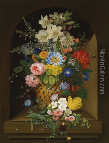 A Large Bouquet Of Flowers In A Basket With Butterflies Oil Painting - Anton Fidler