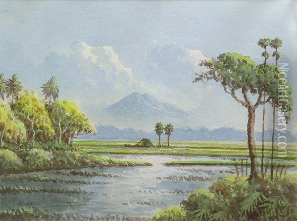 Landscape With A View Of A Mountain In The Distance Oil Painting - Lorenzo Palmer Latimer