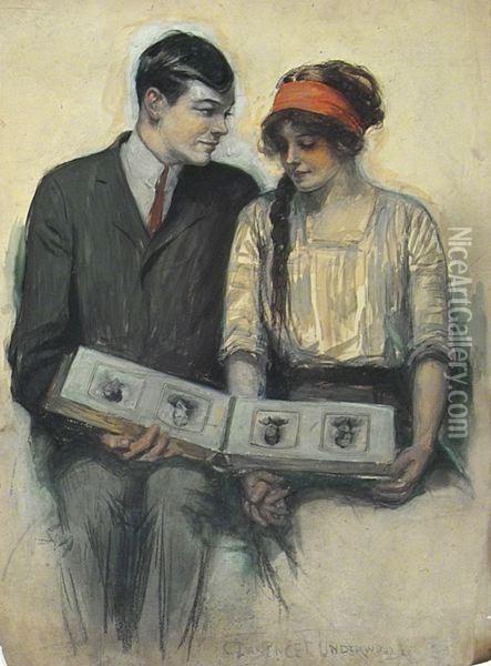 Magazine Cover: Young Couple Looking At Photo Album. Oil Painting - Clarence Frederick Underwood