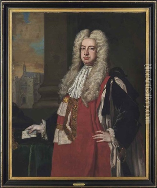 Portrait Of Lord Raymond 1st Baron Raymond (1673-1733), Three-quarter-length Holding A Note, Cathedral Beyond Oil Painting - Charles Jervas