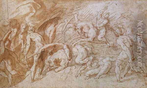 Nude Soldiers Fighting c. 1570 Oil Painting - Hans Speckaert