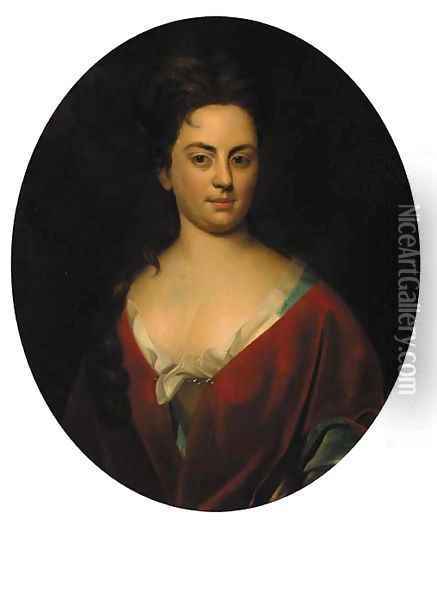 Portrait of a lady, half-length, in a blue dress with red wrap Oil Painting - Sir Godfrey Kneller