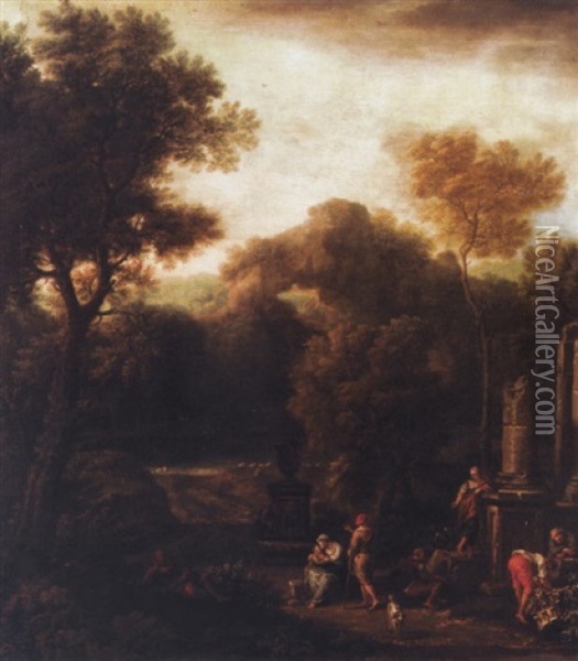 Italianate Landscape With Figures Beside Ruins Oil Painting - Jan Frans van Bloemen