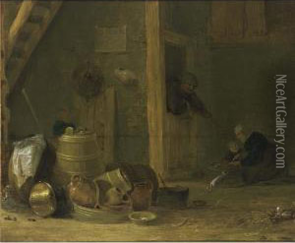 A Barn Interior With A Still 
Life With Kitchen Utensils In The Foreground, Together With A Woman And A
 Child Preparing Food In The Background, And A Man Leaning In A Doorway Oil Painting - Cornelis Saftleven