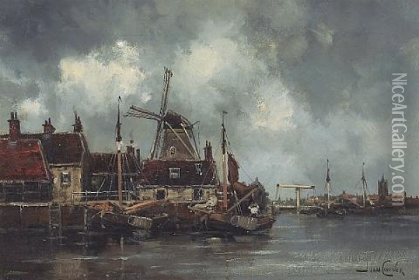 A Dutch Port With A Windmill Beyond (+ A Boat On An Estuary; Pair) Oil Painting - Hermanus Koekkoek the Younger