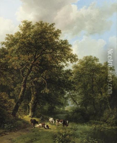 A Herdsman And His Cattle By A Forest Stream Oil Painting - Barend Cornelis Koekkoek