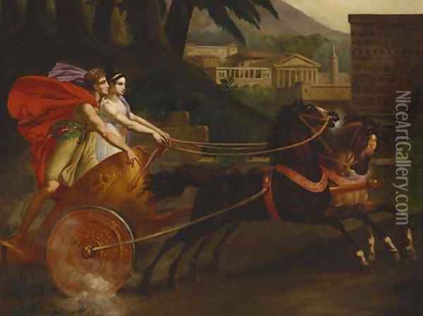 A charioteer with a maiden, classical Roman temples and other buildings beyond Oil Painting - French School
