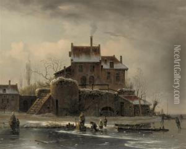A Winter's Day On The Ice Near A Mansion Oil Painting - Theodoor Soeterik