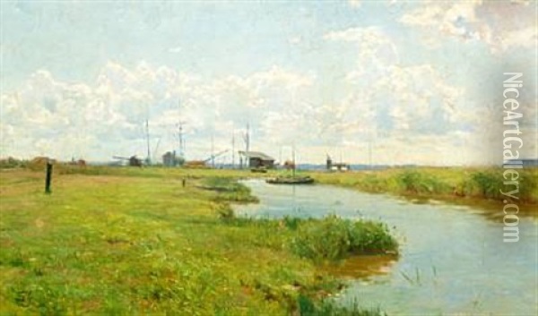 Landscape With A Stream And Ship's Masts In The Background, Summer Oil Painting - Carl Martin Soya-Jensen