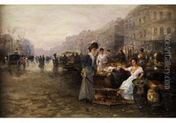 Diesiger Grossstadtboulevard Mit Marktstanden, Marktfrauen Und Eleganten Damen Oil Painting - Emil Barbarini