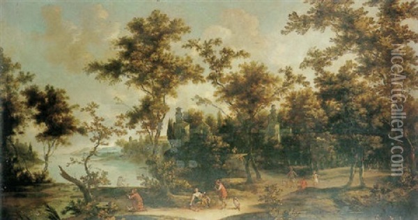 Extensive Landscape With Peasants And Animals Near A Lake Oil Painting - Vittorio Amadeo Cignaroli