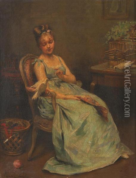 Jeune Femme Aux Colombes Oil Painting - Marie Serelaz