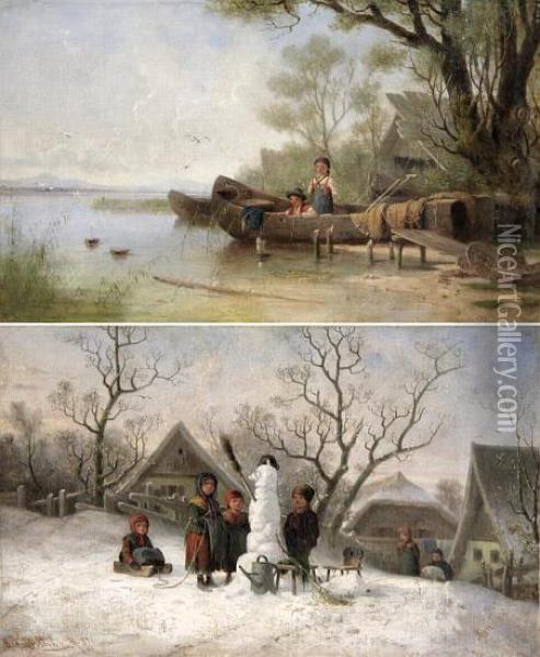 Seenlandschaft Und Winterliches Dorf Mit Spielenden Kindern Oil Painting - Bernhard Froehlich