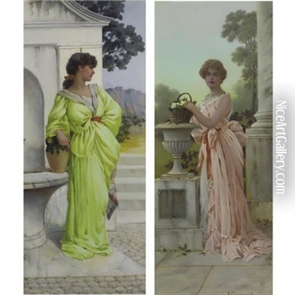 Two Beauties (+ Another, Smaller; 2 Works) Oil Painting - Charles Frederick Lowcock