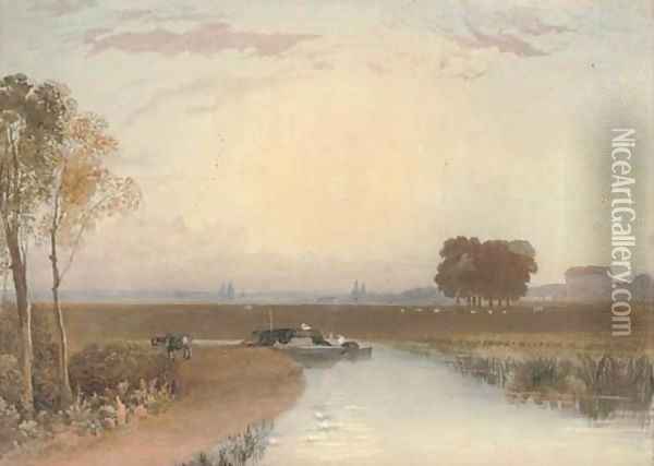 Barging on the Fens Oil Painting - George Fennel Robson