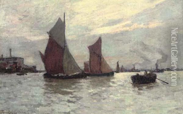 Barges On The Thames At Dusk Oil Painting - Terrick John Williams