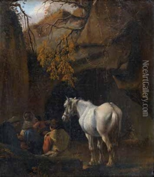 Le Repos Avec Un Cheval Pres De La Grotte Oil Painting - Pieter Jacobsz. van Laer