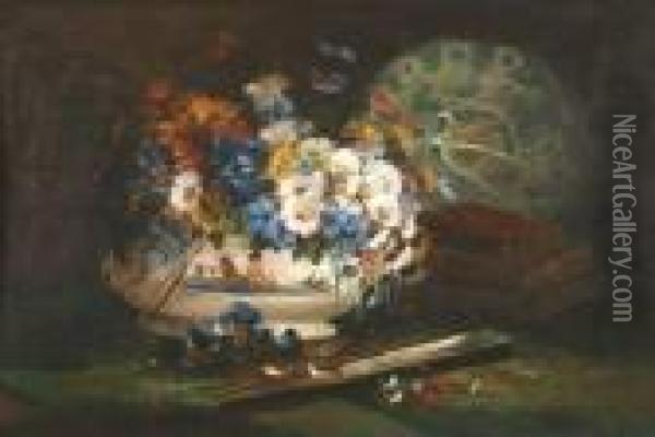 Porcelain Bowl Of Flowers With Fan Oil Painting - Eugene Henri Cauchois