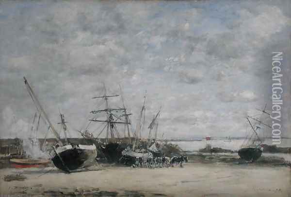 Vessels and Horses on the Shoreline Oil Painting - Eugene Boudin