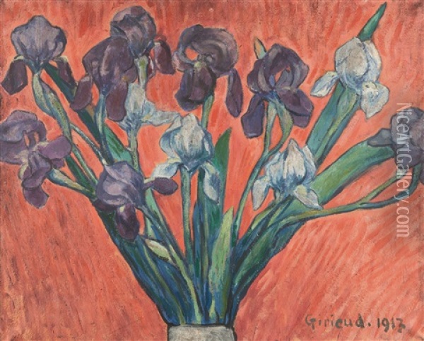 Iris Sur Fond Rouge Oil Painting - Pierre Paul Girieud