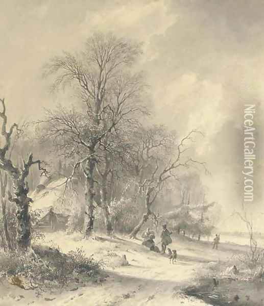 Winter sportsmen on the edge of a forest Oil Painting - Andreas Schelfhout